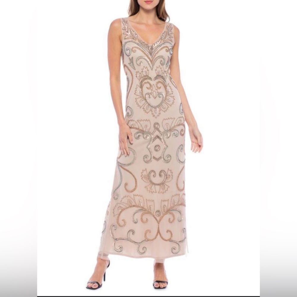 MARINA Tan Embroidered Maxi Dress